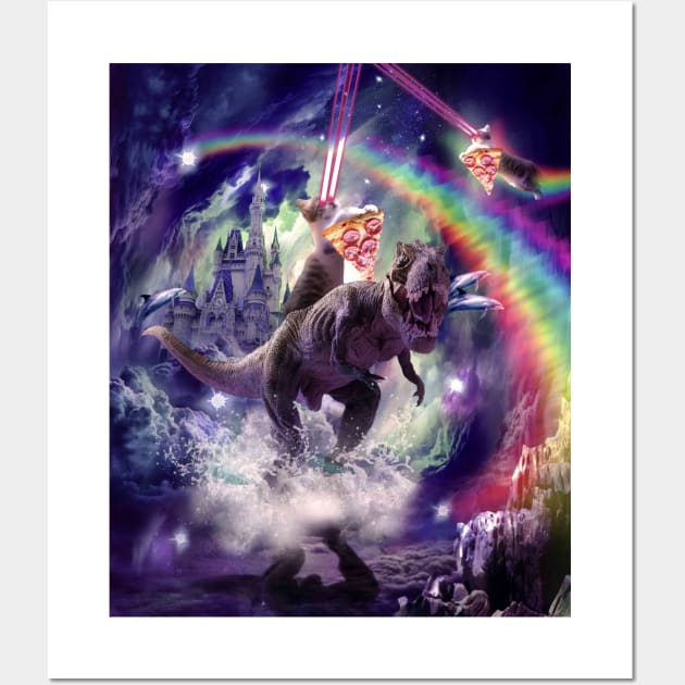 Rainbow Laser Space Cat On Dinosaur Eating Pizza Wall Art by Random Galaxy